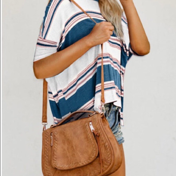 Striped Ribbed Knit Blue , Pink , & White T Shirt - Picture 4 of 5